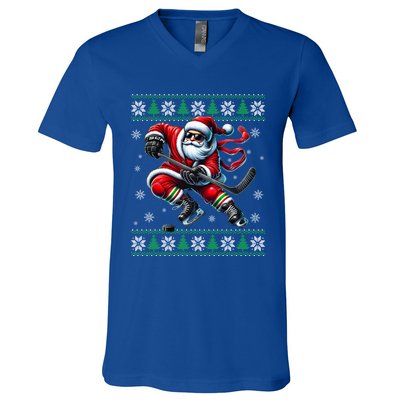 Funny Santa Playing Ice Hockey Ugly Christmas Snowflakes Funny Gift V-Neck T-Shirt