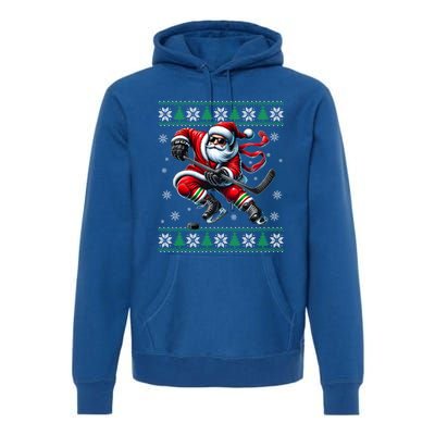 Funny Santa Playing Ice Hockey Ugly Christmas Snowflakes Funny Gift Premium Hoodie