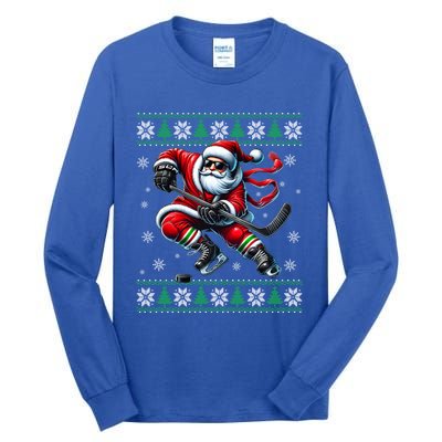 Funny Santa Playing Ice Hockey Ugly Christmas Snowflakes Funny Gift Tall Long Sleeve T-Shirt