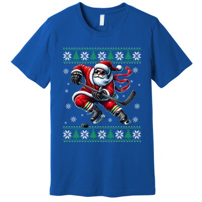 Funny Santa Playing Ice Hockey Ugly Christmas Snowflakes Funny Gift Premium T-Shirt