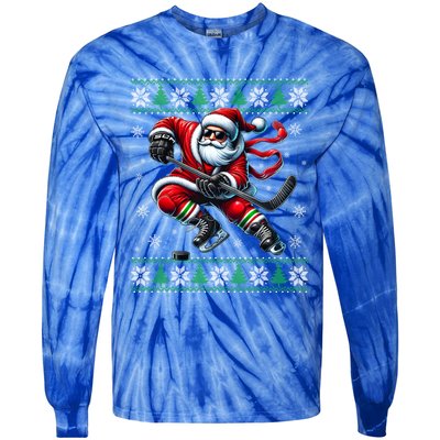 Funny Santa Playing Ice Hockey Ugly Christmas Snowflakes Funny Gift Tie-Dye Long Sleeve Shirt