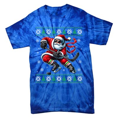 Funny Santa Playing Ice Hockey Ugly Christmas Snowflakes Funny Gift Tie-Dye T-Shirt