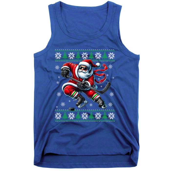 Funny Santa Playing Ice Hockey Ugly Christmas Snowflakes Funny Gift Tank Top