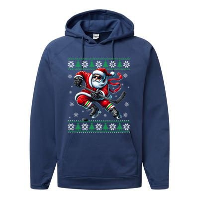 Funny Santa Playing Ice Hockey Ugly Christmas Snowflakes Funny Gift Performance Fleece Hoodie