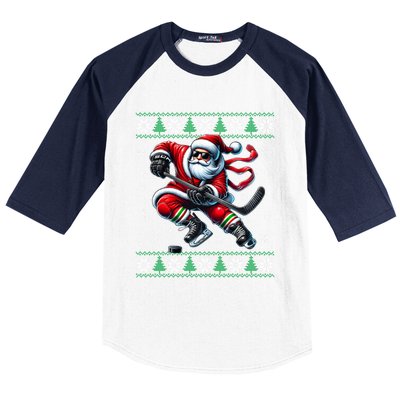 Funny Santa Playing Ice Hockey Ugly Christmas Snowflakes Funny Gift Baseball Sleeve Shirt