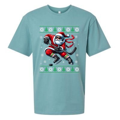 Funny Santa Playing Ice Hockey Ugly Christmas Snowflakes Funny Gift Sueded Cloud Jersey T-Shirt