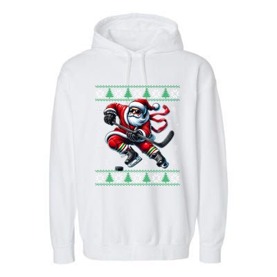 Funny Santa Playing Ice Hockey Ugly Christmas Snowflakes Funny Gift Garment-Dyed Fleece Hoodie