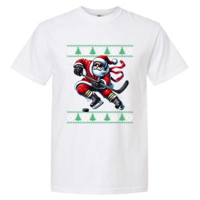 Funny Santa Playing Ice Hockey Ugly Christmas Snowflakes Funny Gift Garment-Dyed Heavyweight T-Shirt