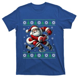 Funny Santa Playing Ice Hockey Ugly Christmas Snowflakes Gift T-Shirt