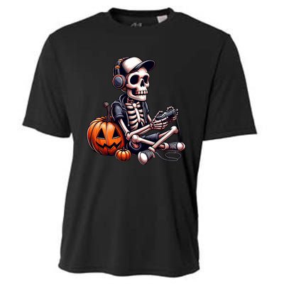 Funny Skeleton Playing Video Game Halloween Gamer Cooling Performance Crew T-Shirt