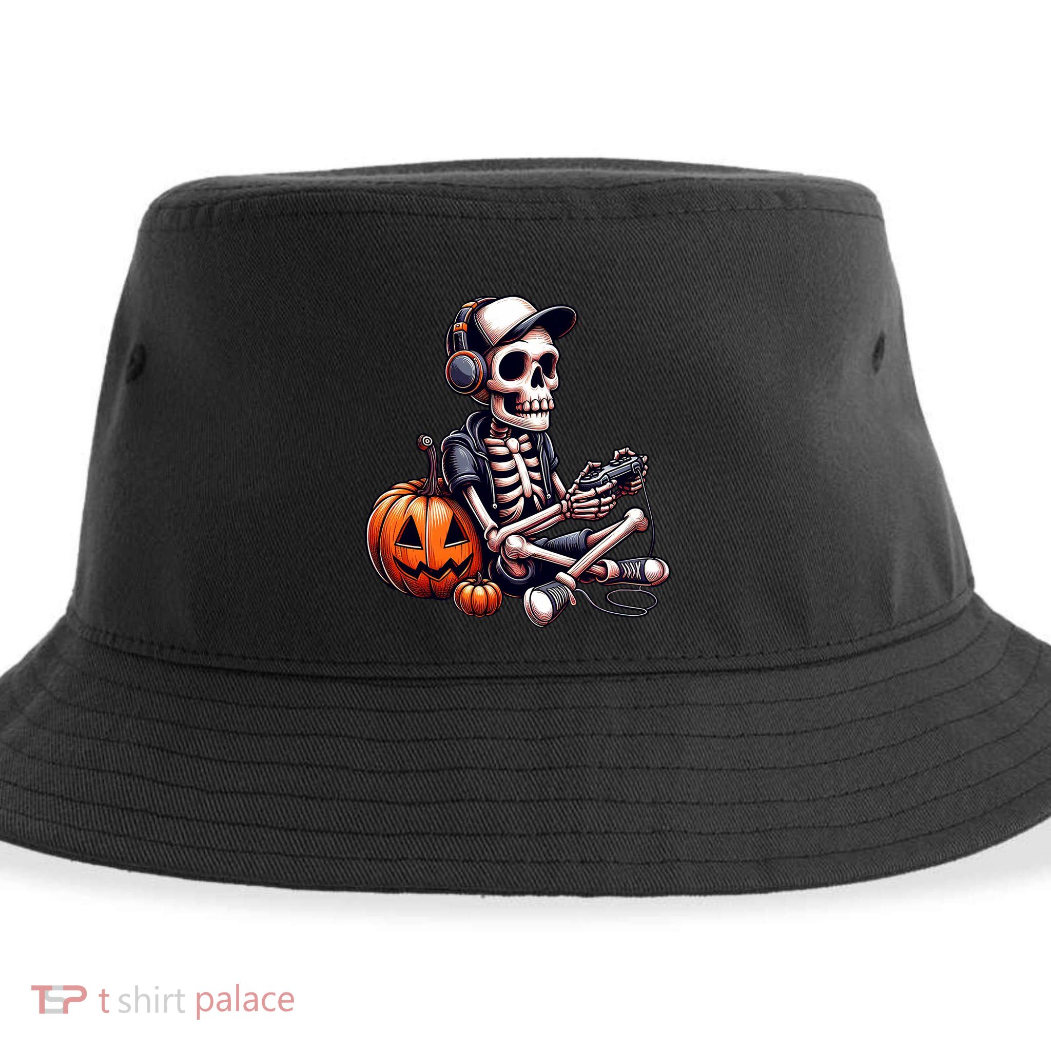 Funny Skeleton Playing Video Game Halloween Gamer Sustainable Bucket Hat