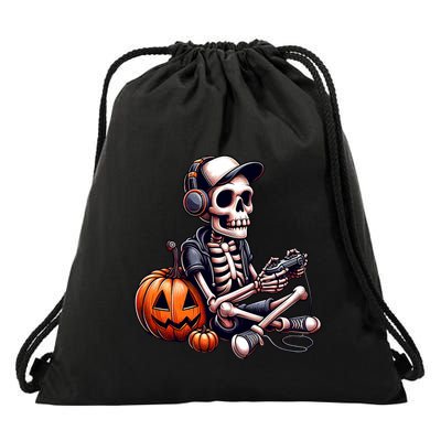 Funny Skeleton Playing Video Game Halloween Gamer Drawstring Bag