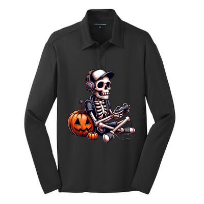 Funny Skeleton Playing Video Game Halloween Gamer Silk Touch Performance Long Sleeve Polo