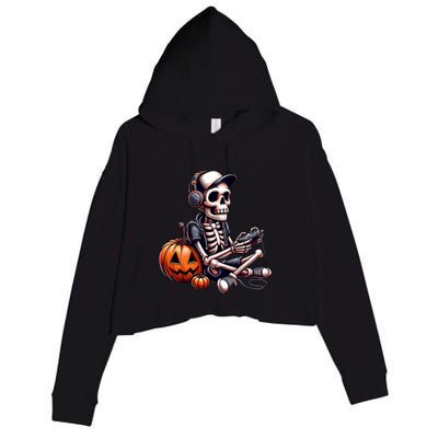 Funny Skeleton Playing Video Game Halloween Gamer Crop Fleece Hoodie
