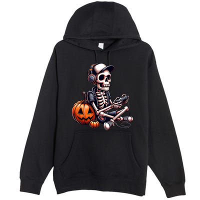 Funny Skeleton Playing Video Game Halloween Gamer Premium Pullover Hoodie