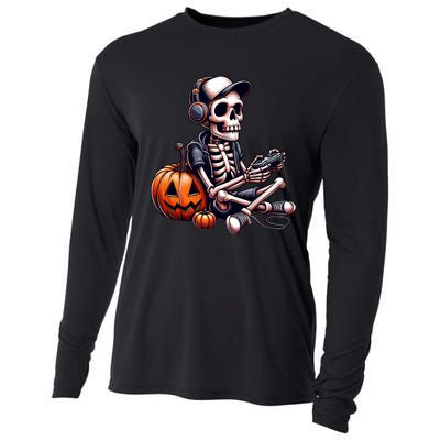 Funny Skeleton Playing Video Game Halloween Gamer Cooling Performance Long Sleeve Crew