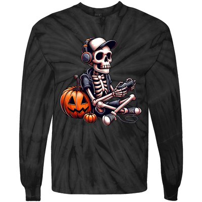 Funny Skeleton Playing Video Game Halloween Gamer Tie-Dye Long Sleeve Shirt