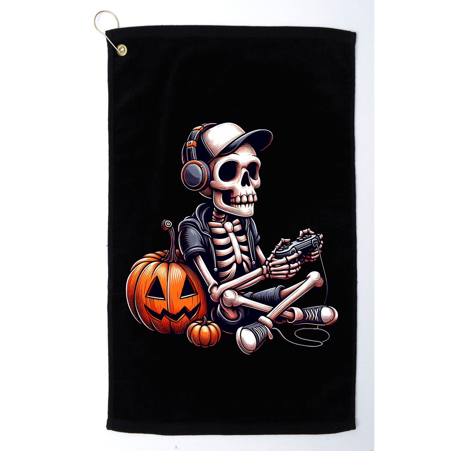 Funny Skeleton Playing Video Game Halloween Gamer Golf Towel