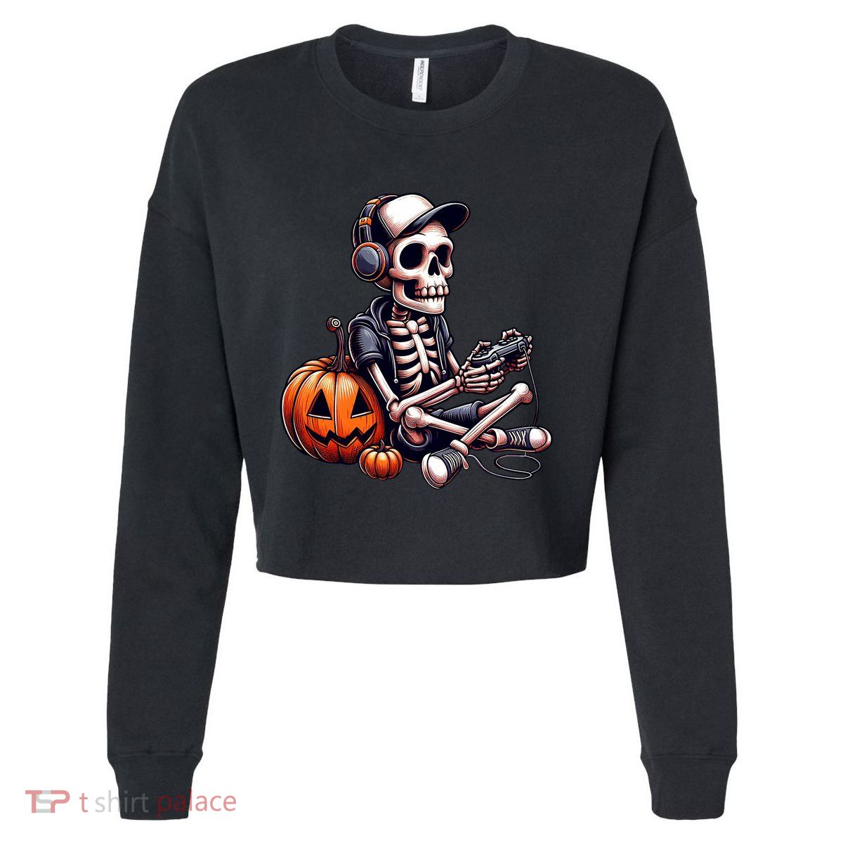 Funny Skeleton Playing Video Game Halloween Gamer Cropped Pullover Crew