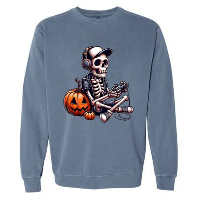 Funny Skeleton Playing Video Game Halloween Gamer Garment-Dyed Sweatshirt