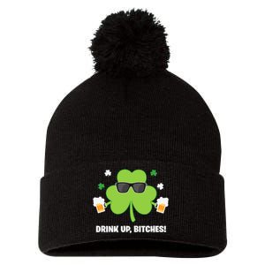 Funny St Patricks Day Drink Up Pom Pom 12in Knit Beanie