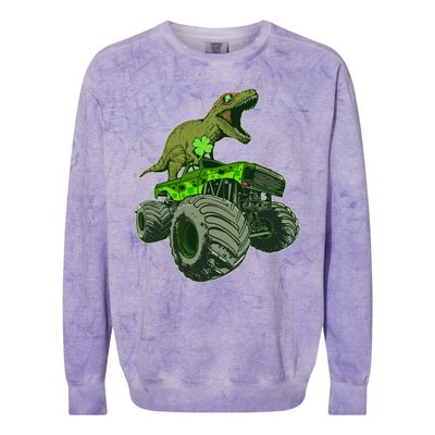 Funny St Patrick's Day Lucky Trex Dinosaur Riding Monster Truck Colorblast Crewneck Sweatshirt