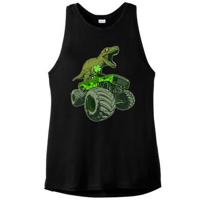 Funny St Patrick's Day Lucky Trex Dinosaur Riding Monster Truck Ladies PosiCharge Tri-Blend Wicking Tank