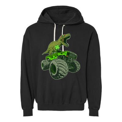 Funny St Patrick's Day Lucky Trex Dinosaur Riding Monster Truck Garment-Dyed Fleece Hoodie