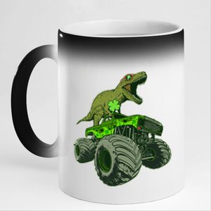 Funny St Patrick's Day Lucky Trex Dinosaur Riding Monster Truck 11oz Black Color Changing Mug