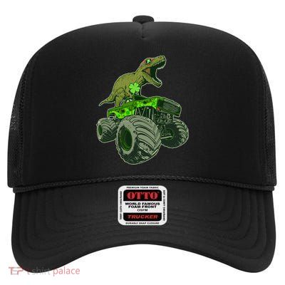 Funny St Patrick's Day Lucky Trex Dinosaur Riding Monster Truck High Crown Mesh Back Trucker Hat