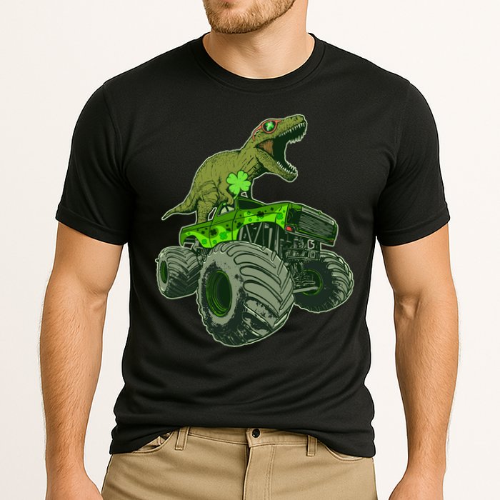 Funny St Patrick's Day Lucky Trex Dinosaur Riding Monster Truck Cooling Performance Crew T-Shirt