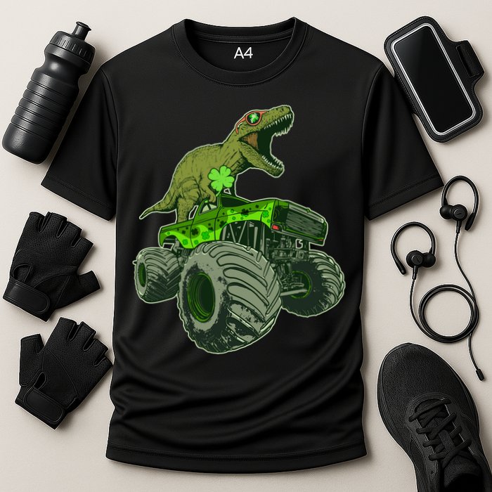 Funny St Patrick's Day Lucky Trex Dinosaur Riding Monster Truck Cooling Performance Crew T-Shirt