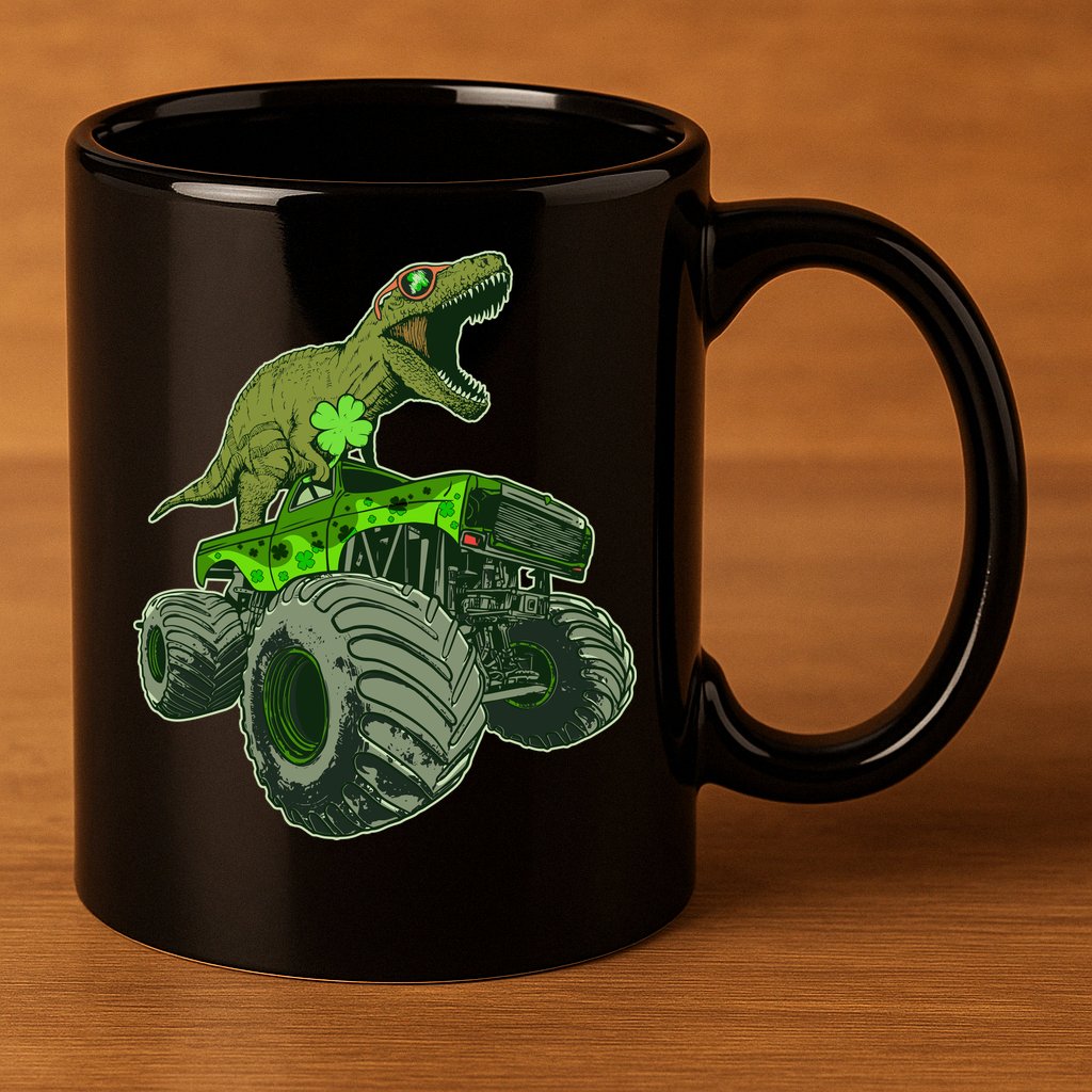 Funny St Patrick's Day Lucky Trex Dinosaur Riding Monster Truck 11oz C Handle Ceramic Mug