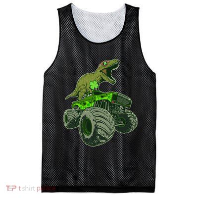 Funny St Patrick's Day Lucky Trex Dinosaur Riding Monster Truck Mesh Reversible Basketball Jersey Tank