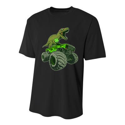 Funny St Patrick's Day Lucky Trex Dinosaur Riding Monster Truck Youth Performance Sprint T-Shirt