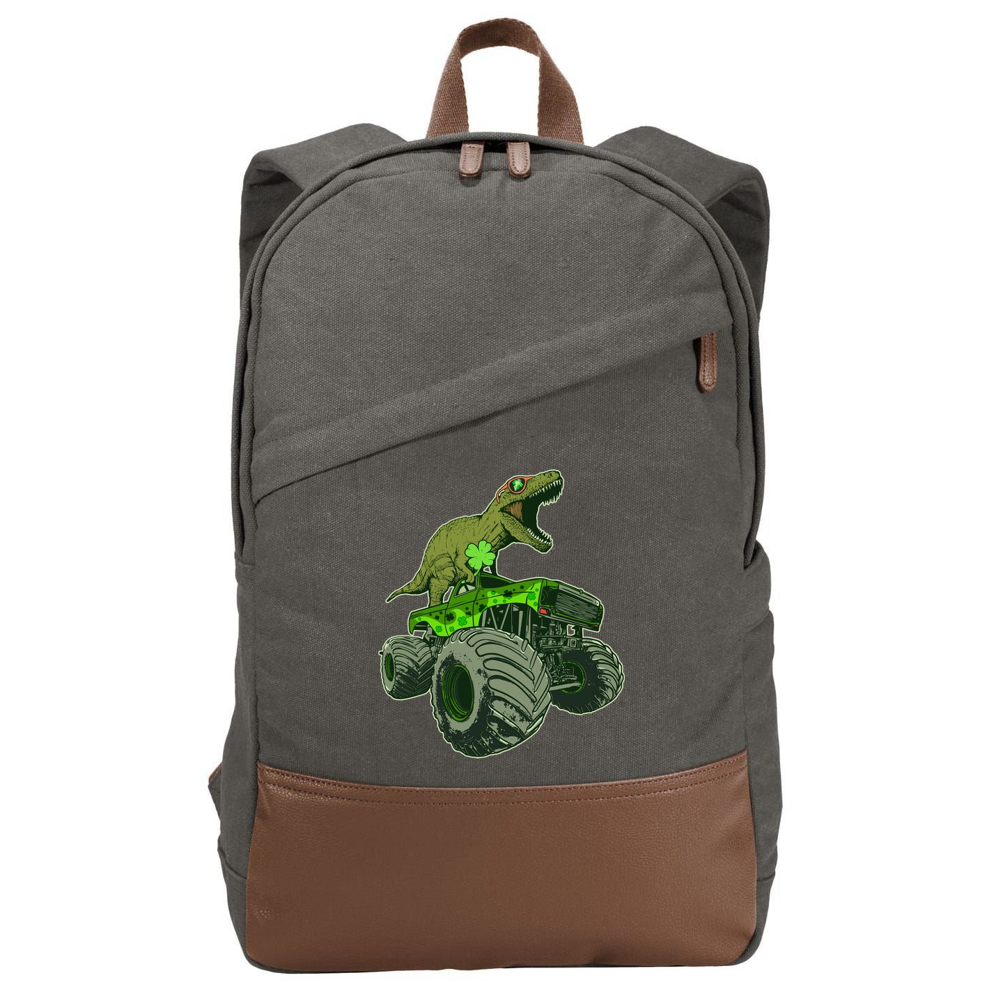 Funny St Patrick's Day Lucky Trex Dinosaur Riding Monster Truck Cotton Canvas Backpack