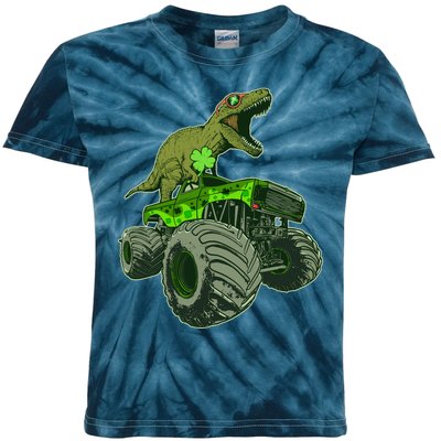 Funny St Patrick's Day Lucky Trex Dinosaur Riding Monster Truck Kids Tie-Dye T-Shirt