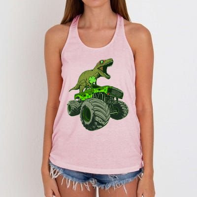 Funny St Patrick's Day Lucky Trex Dinosaur Riding Monster Truck Women's Knotted Racerback Tank