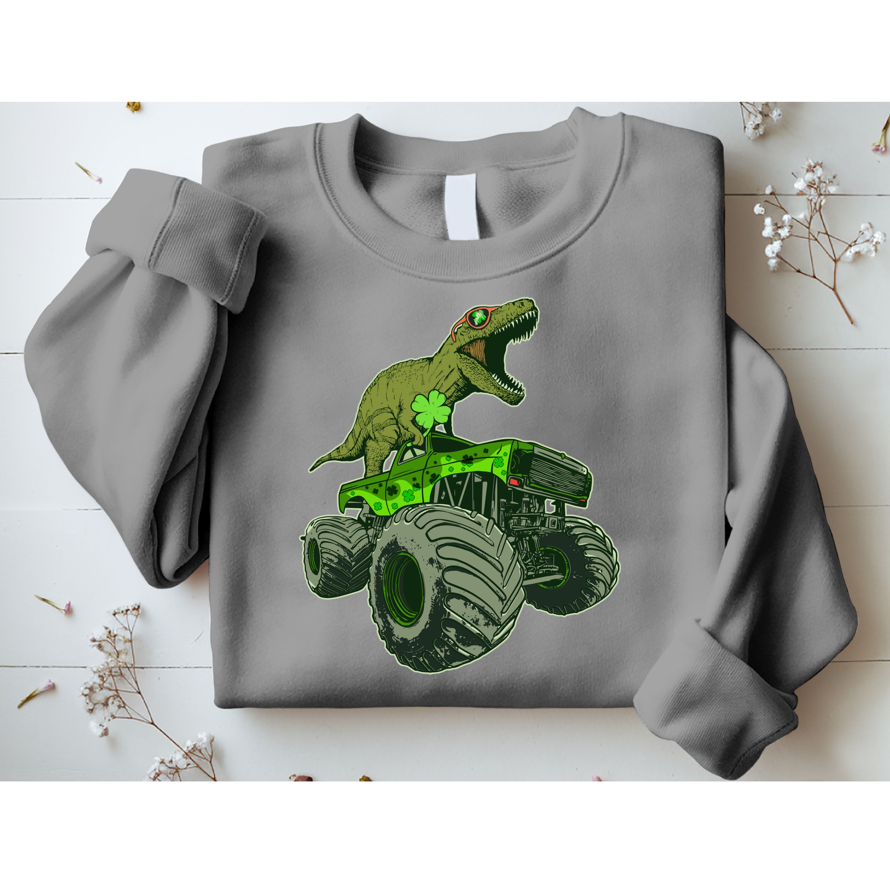 Funny St Patrick's Day Lucky Trex Dinosaur Riding Monster Truck Sweatshirt