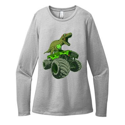 Funny St Patrick's Day Lucky Trex Dinosaur Riding Monster Truck Womens CVC Long Sleeve Shirt