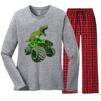 Funny St Patrick's Day Lucky Trex Dinosaur Riding Monster Truck Women's Long Sleeve Flannel Pajama Set 