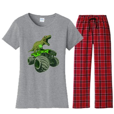 Funny St Patrick's Day Lucky Trex Dinosaur Riding Monster Truck Women's Flannel Pajama Set