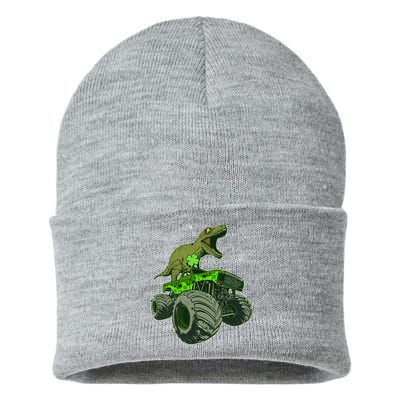 Funny St Patrick's Day Lucky Trex Dinosaur Riding Monster Truck Sustainable Knit Beanie