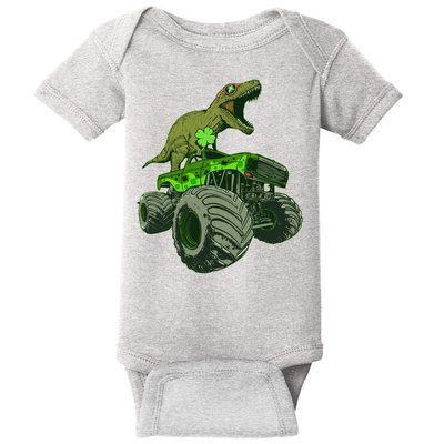 Funny St Patrick's Day Lucky Trex Dinosaur Riding Monster Truck Baby Bodysuit
