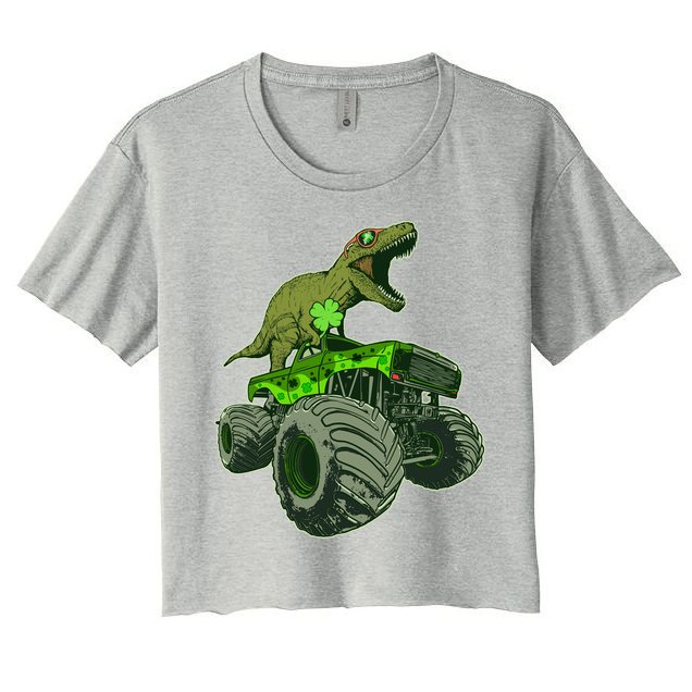 Funny St Patrick's Day Lucky Trex Dinosaur Riding Monster Truck Crop Top