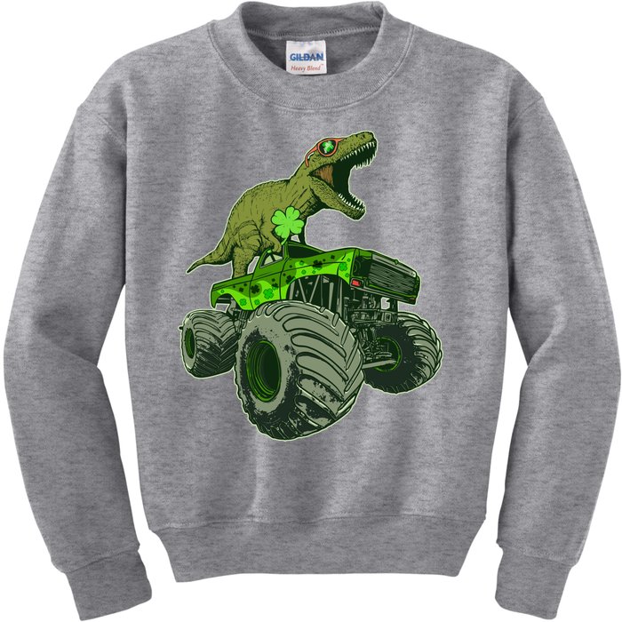 Funny St Patrick's Day Lucky Trex Dinosaur Riding Monster Truck Kids Sweatshirt