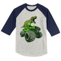 Funny St Patrick's Day Lucky Trex Dinosaur Riding Monster Truck Kids Colorblock Raglan Jersey