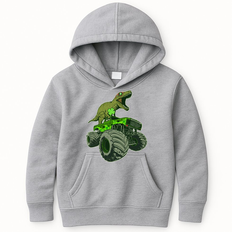 Funny St Patrick's Day Lucky Trex Dinosaur Riding Monster Truck Kids Hoodie