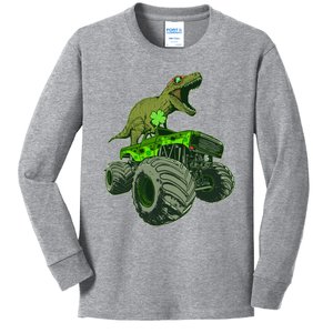 Funny St Patrick's Day Lucky Trex Dinosaur Riding Monster Truck Kids Long Sleeve Shirt