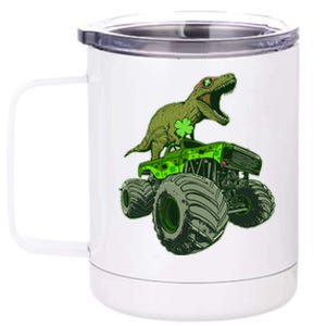 Funny St Patrick's Day Lucky Trex Dinosaur Riding Monster Truck 12 oz Stainless Steel Tumbler Cup